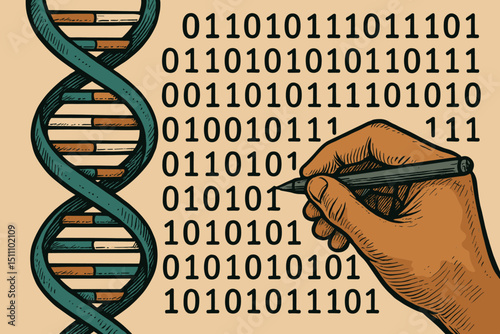 Technology meets genetics. Hand editing binary code next to DNA helix. Gene editing, bioinformatics, genetic engineering, DNA sequencing, digital biology, biotechnology, scientific innovation concept.