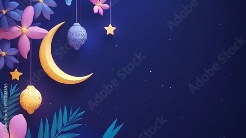 Floral crescent moon night scene