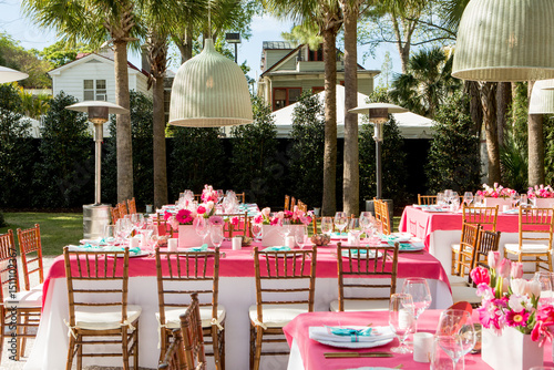 Dinner table set and decorated for a party 