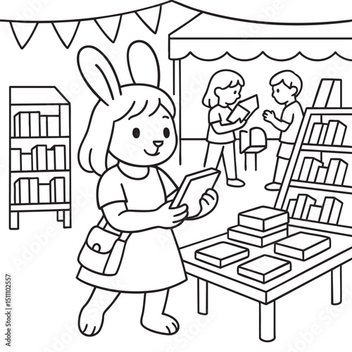 A detailed black and white drawing depicting a charming rabbit joyfully holding a book while exploring a cozy bookstore filled with shelves of stories