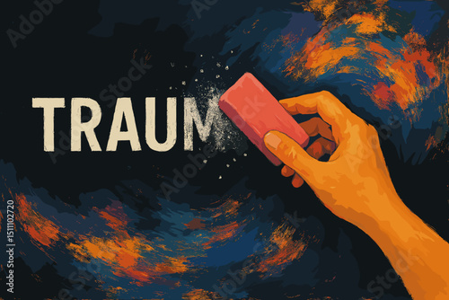 Erasing Trauma: Hand with Eraser Removing Text. Concept of Recovery, Healing, Mental Health, Therapy. Abstract Background. Visual metaphor, Emotional Relief, Hope.
