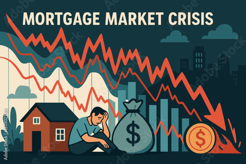 Mortgage market crisis. Financial recession illustration. Housing bubble burst. Real estate loan debt. Economic downturn concept. Falling stock market graph. Stressed homeowner. Money loss.