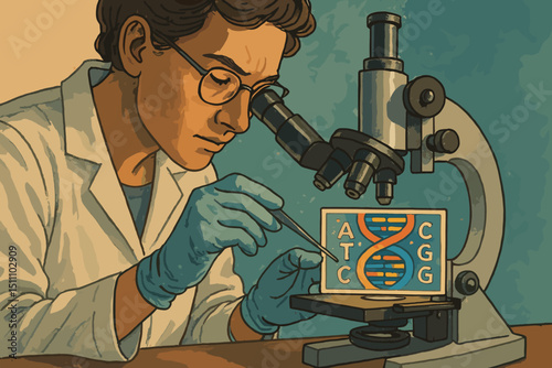 Male scientist in lab coat with glasses meticulously examines DNA strand using microscope. Genetic code exploration, molecular biology research, biotechnology innovation illustration concept.