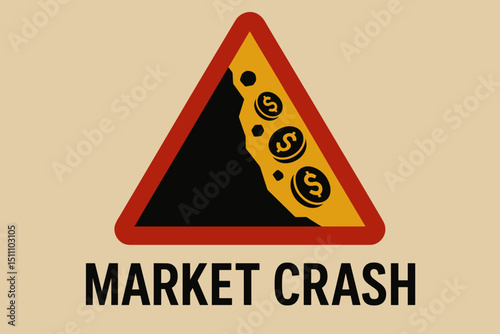 Market Crash warning sign. Financial crisis illustration with falling dollar symbols. Economic downturn, recession, stock market collapse, investment risk, finance danger. Conceptual metaphor.