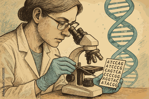 Female scientist researcher in lab coat using microscope for DNA code exploration. Genetic research, molecular biology, heredity. DNA helix, gene sequencing, biotechnology vector illustration.
