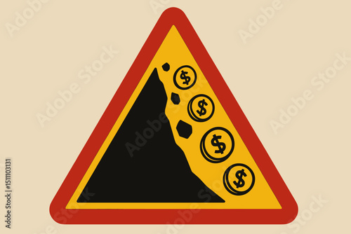 Financial landslide warning sign metaphor. Economic crisis concept with falling dollar coins. Market crash, investment risk, currency devaluation, recession alert. Money loss danger illustration.