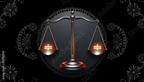 Symmetrical scales on a decorative black backdrop representing balance