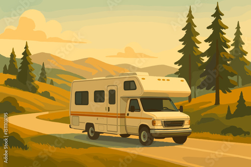 Illustrated RV campervan on scenic road trip, tranquil hills, pine forest. Motorhome adventure, retro travel vacation concept. Peaceful journey, nature discovery, outdoor lifestyle freedom.