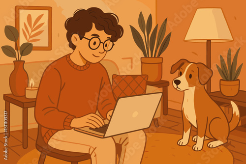 Cozy home office workspace with young man using laptop, dog sitting nearby, warm living room interior, houseplants, candle, framed art, relaxing atmosphere, comfortable remote work, companionship