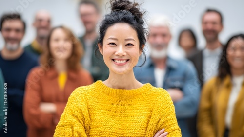 Smiling Asian woman wearing a yellow sweater with people standing behind her. Diversity and inclusion within a community is obvious.