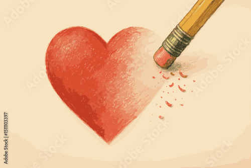 Broken heart erasing concept. Love loss, heartbreak, sadness, emotional pain. Pencil eraser removing red heart symbol. Moving on, healing, relationship ending, divorce, grief, memory fading metaphor