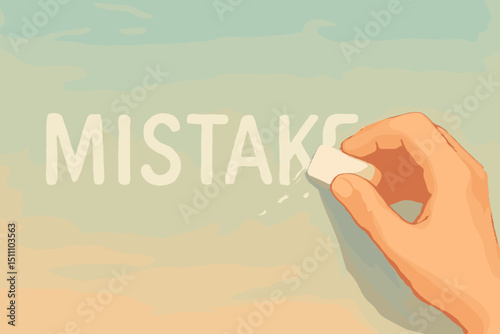 Hand Erasing Mistake Concept. Correction, Second Chance, Forgiveness, Learning From Error. Eraser Removes Word Mistake. Personal Growth, Self Improvement, Acceptance, Change, Overcoming Failure