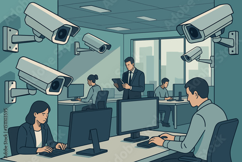 Office surveillance cameras monitoring employees at work desks, workplace privacy, security concept, corporate monitoring, digital control, staff under observation, technology in business office