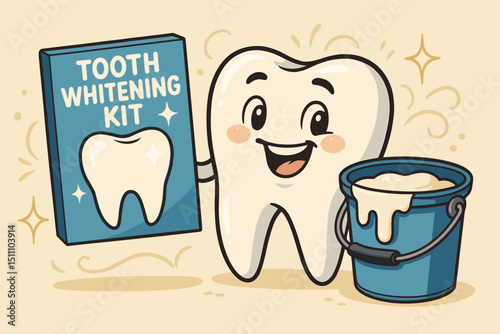 Happy Tooth Character Promoting Whitening Kit with Cleaning Paste. Dental Care. Oral Hygiene. Healthy Teeth. Vector Illustration. Smiling Tooth with Product. Ambassador.