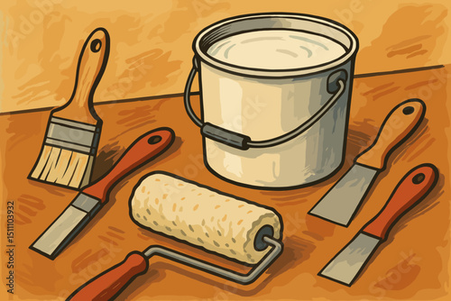 Painting tools set for DIY home improvement and house renovation. Hand-drawn vector illustration: paint bucket, roller, brushes, scrapers. Essentials for repair, decorating, and craft projects.