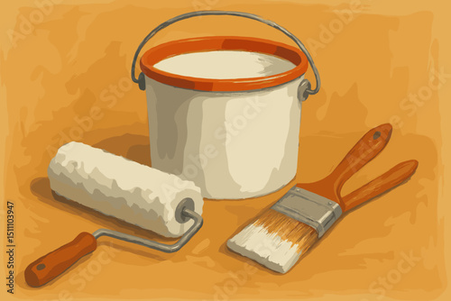 Paint tools illustration. Painting essentials: bucket, roller, brush. Home improvement, DIY project, house renovation, interior wall decoration concept. Painter equipment for repair, maintenance.