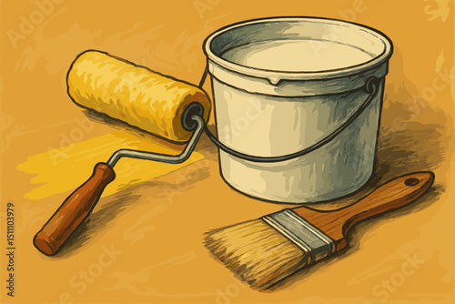 Painting tools vector illustration. Yellow paint roller, white paint bucket, brush for DIY home improvement, renovation, and decoration. Art supplies and house painting essentials concept.