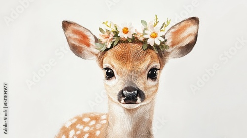 cute watercolor baby deer with flower crown, soft tone, white background