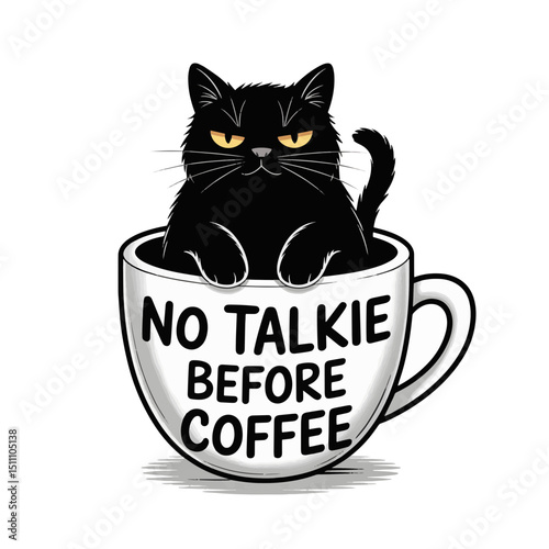 A digital illustration of a black cat sitting inside a white
ceramic teacup