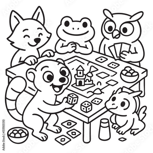 A diverse group of various animals are gathered together around a large table, excitedly playing a fun board game and enjoying each others company