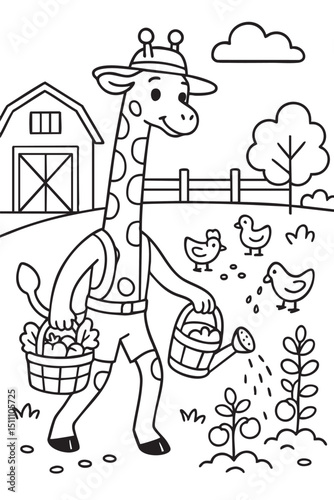 A giraffe is actively watering the plants that are located on a beautiful farm, showcasing its unique abilities and characteristics