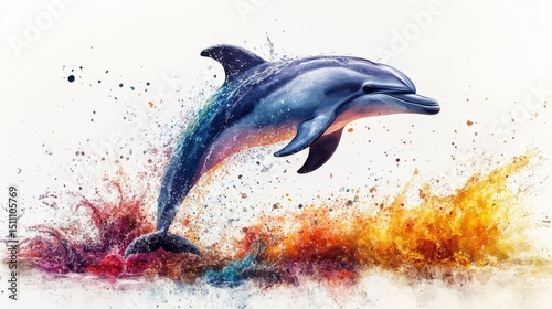 cute watercolor dolphin jumping out of water, pastel color, white background