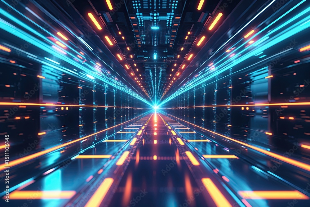 Fototapeta premium Vibrant Digital Energy Technology Vector Design with Glowing Rays and Motion Blur in Dark Cobalt Background