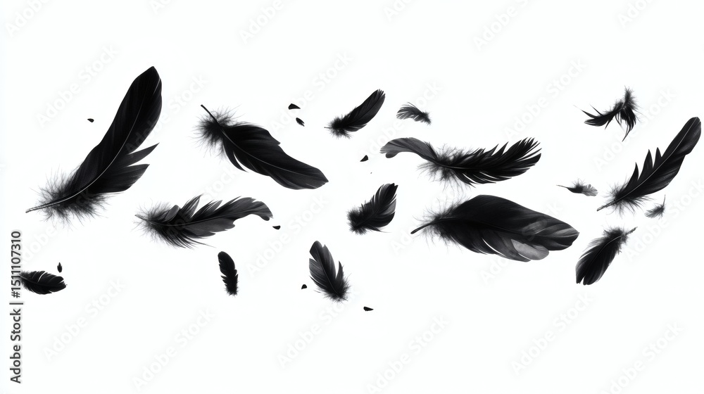 Obraz premium Abstract flying goose black feathers floating on white background.