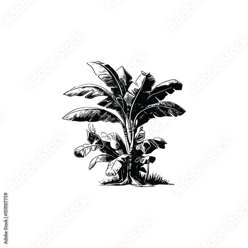 Banana tree isolated on white background, a tropical plant with large leaves in black and white