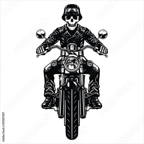 Skeleton biker riding motorcycle isolated on white background