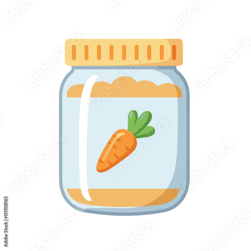 Jar of Carrot Baby Food. Simple design illustration, orange and green. Carrot flavor infant nutrition. For packaging, apps, product listings