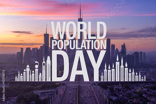 World population day over city skyline at sunset with traffic on highway and buildings below text