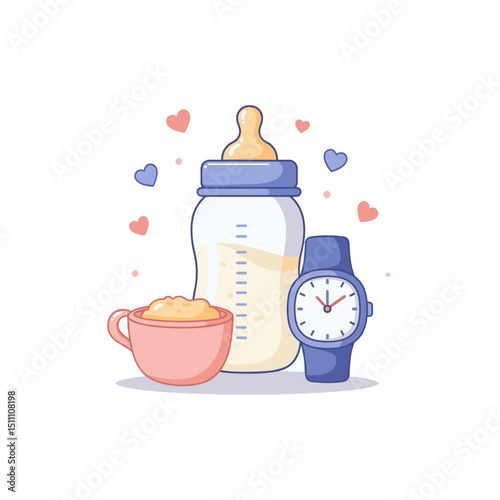 Baby bottle with clock icon, Simple flat design graphic, Infant feeding schedule tracking, Baby routine planning, for App icon, UI element, Planner design
