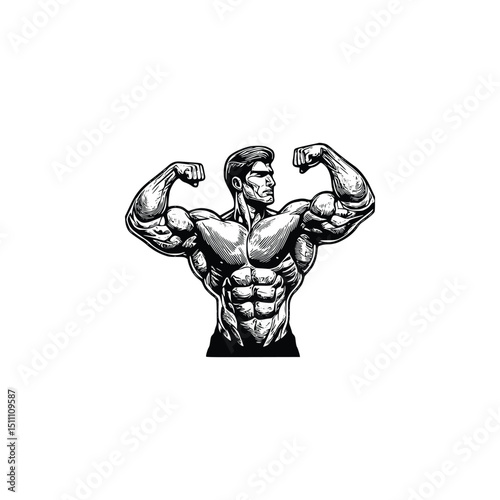 Muscular man flexing isolated on white background Silhouette