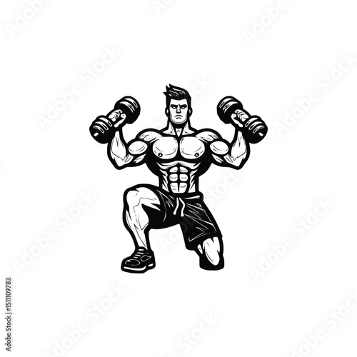 Muscular man lifting dumbbells isolated on white background Silhouette