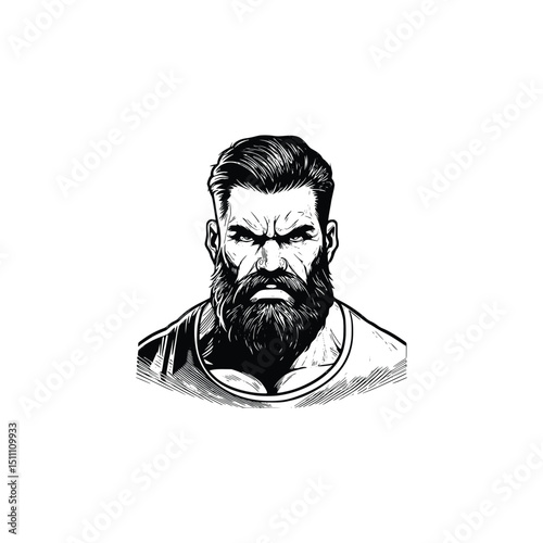 Stern bearded man portrait isolated on white background Silhouette
