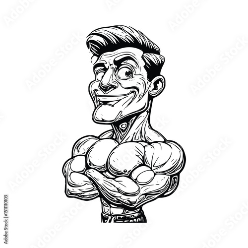 Cartoon bodybuilder with muscular physique isolated on white background Silhouette