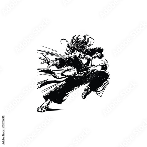 Martial arts fighter in action pose isolated on white background Silhouette