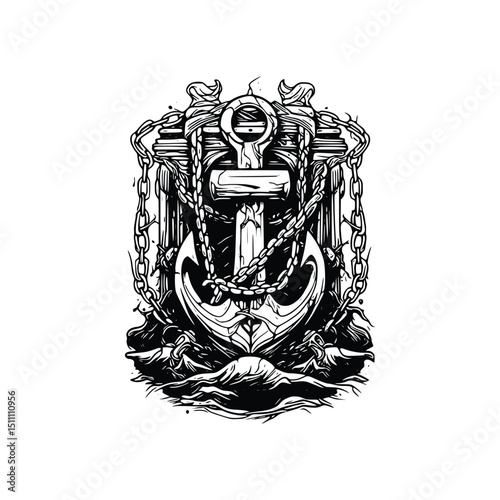 Vintage nautical anchor with chains isolated on white background Silhouette