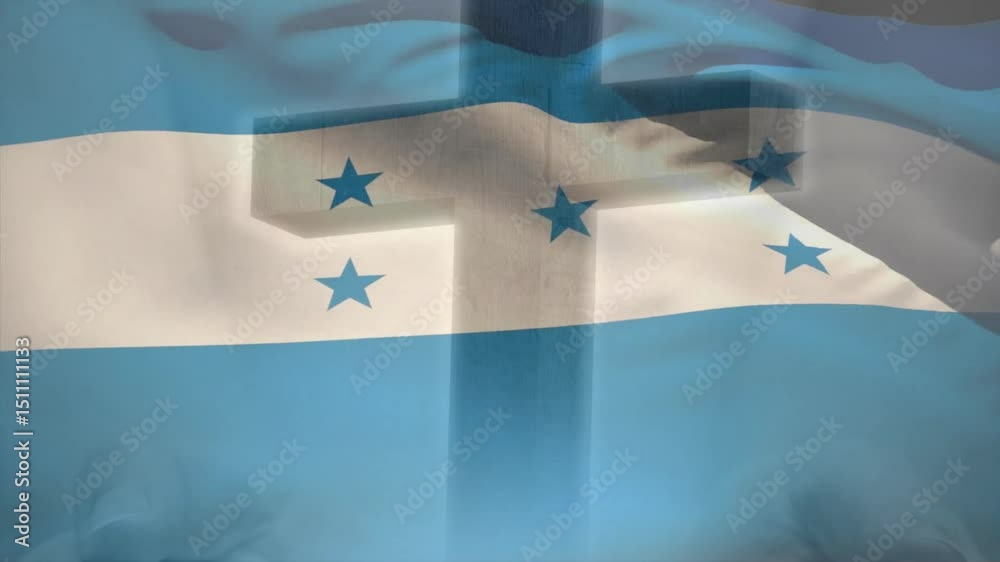 Honduras flag fluttering with breeze tech animation showing cross silhouette behind stars stripes