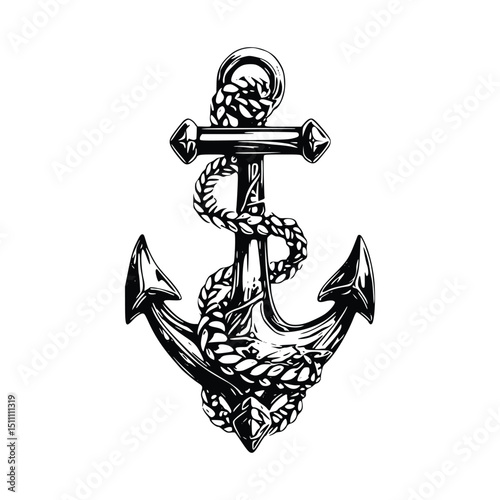 Anchor with rope isolated on white background, nautical symbol of sea, marine, and maritime navigation in black and white vector illustration
