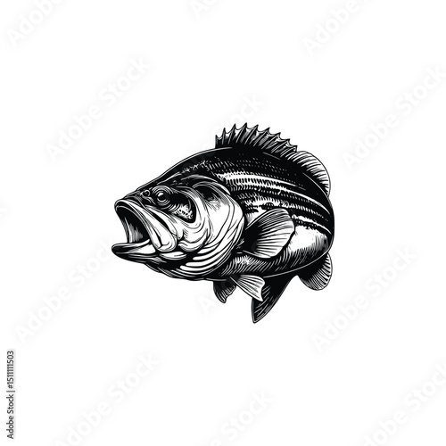 Largemouth bass fish isolated on white background. Silhouette Art