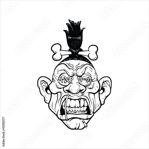 Creepy monster face with stitched eyes and bone hair tie isolated on white background .Silhouette Art