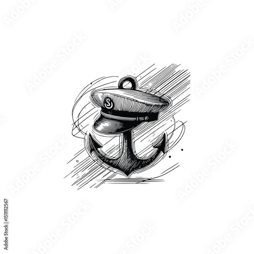 Anchor and captain's hat isolated on white background. Nautical symbol of sea travel and adventure. Silhouette Art