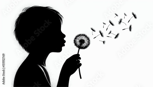 Black and white silhouette of a little boy blowing a dandelion on a white background. Vector graphics. EPS.