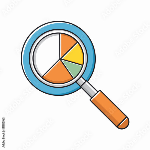 Magnifying glass analyzing pie chart data business analytics