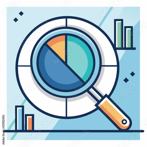 Magnifying glass analyzing pie chart data business analytics
