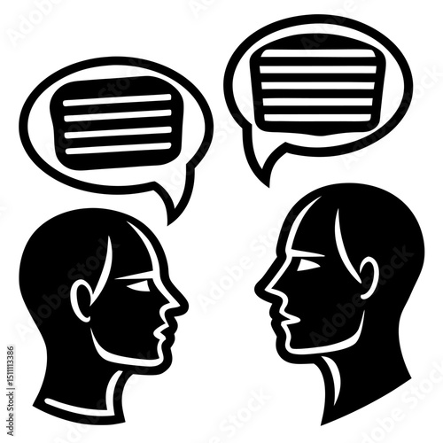 Two silhouettes communicating ideas through thought bubbles