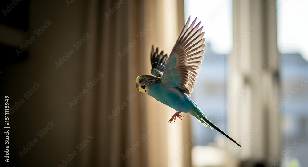 Fototapeta premium Blue Budgie Exhibits Dynamic Flight with Sunlit Window Backdrop Indoors