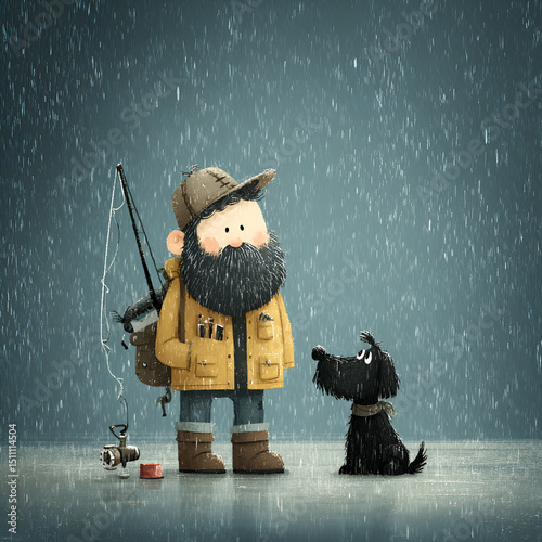 Man and Dog Embrace the Rainy Weather Together